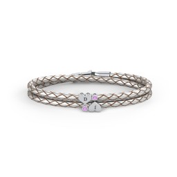 Engravable Sterling Silver Heart & Gemstone Leather Bracelet - 2 in 925 Sterling Silver with Amethyst
