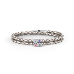 Engravable Sterling Silver Heart & Gemstone Leather Bracelet - 2 in 925 Sterling Silver with Red Premium Zirconia and Blue Sapphire