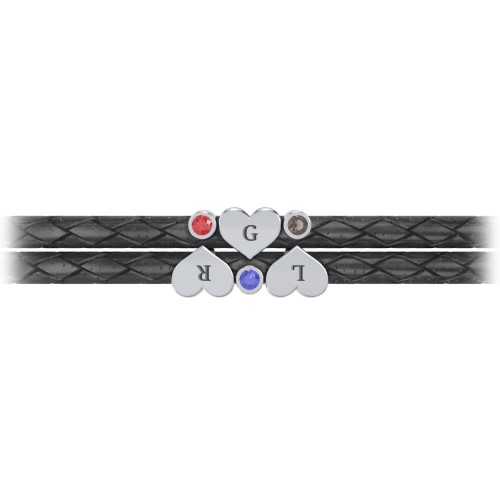 Engravable Sterling Silver Heart & Gemstone Leather Bracelet -3 – Sterling Silver with Garnet, Blue Sapphire, and Smokey Quartz