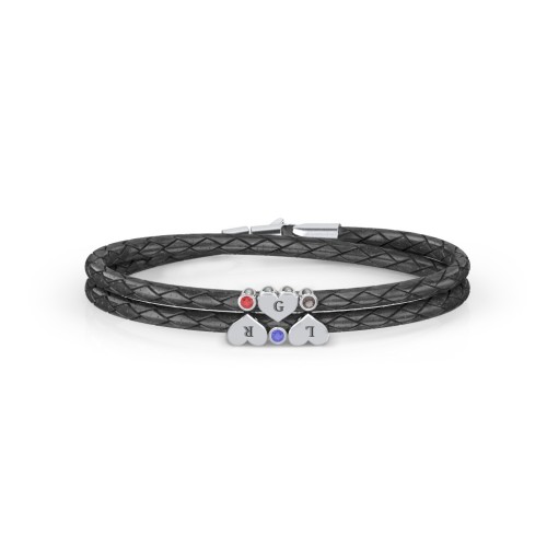 Engravable Sterling Silver Heart & Gemstone Leather Bracelet -3 – Sterling Silver with Garnet, Blue Sapphire, and Smokey Quartz