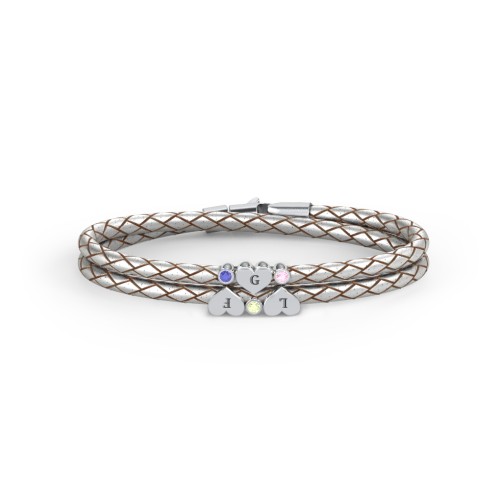 Engravable Sterling Silver Heart & Gemstone Leather Bracelet -3 – Sterling Silver with Blue Sapphire, Peridot, and Pink Tourmaline