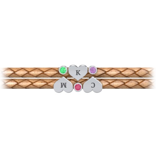 Engravable Sterling Silver Heart & Gemstone Leather Bracelet -3 – Sterling Silver with Emerald, Ruby, and Amethyst