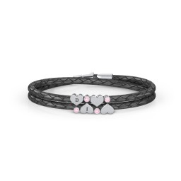 Engravable Sterling Silver Heart & Gemstone Leather Bracelet - 4 in 925 Sterling Silver with Pink Tourmaline