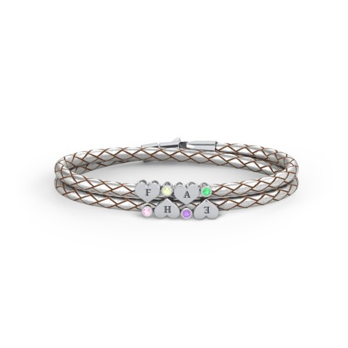 Engravable Sterling Silver Heart & Gemstone Leather Bracelet - 4 – Sterling Silver with Pink Tourmaline, Peridot, Amethyst, and Emerald