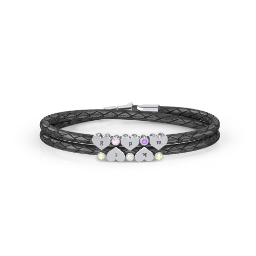 Engravable Sterling Silver Heart & Gemstone Leather Bracelet - 5 – Sterling Silver with Peridot, Pink Tourmaline, Cubic Zirconia, and Amethyst
