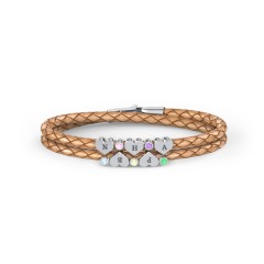 Engravable Sterling Silver Heart & Gemstone Leather Bracelet - 5 – Sterling Silver with Blue Topaz, Pink Tourmaline, Peridot, Amethyst, and Emerald