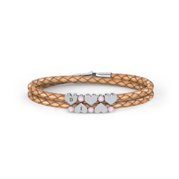 Engravable Sterling Silver Heart & Gemstone Leather Bracelet - 5 in 925 Sterling Silver with Pink Tourmaline