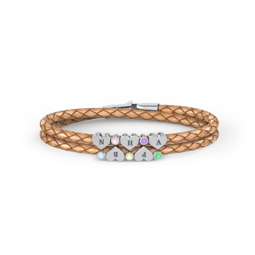Engravable Sterling Silver Heart & Gemstone Leather Bracelet - 5 – Sterling Silver with Blue Topaz, Pink Tourmaline, Peridot, Amethyst, and Emerald