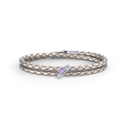 Engravable Sterling Silver Bar & Baguette Leather Bracelet in 925 Sterling Silver with Amethyst