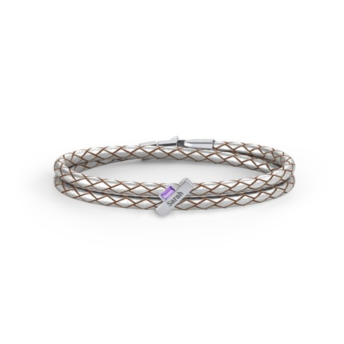 Engravable Sterling Silver Bar & Baguette Leather Bracelet – Sterling Silver with Amethyst
