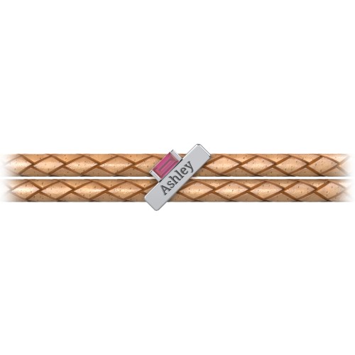 Engravable Sterling Silver Bar & Baguette Leather Bracelet – Sterling Silver with Ruby