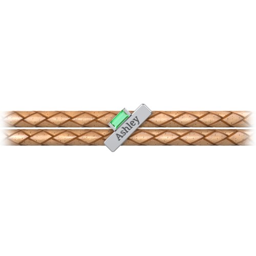 Engravable Sterling Silver Bar & Baguette Leather Bracelet – Sterling Silver with Emerald