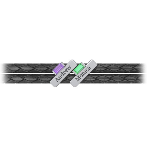 Engravable Sterling Silver Bar & Baguette Leather Bracelet - 2 – Sterling Silver with Amethyst and Emerald