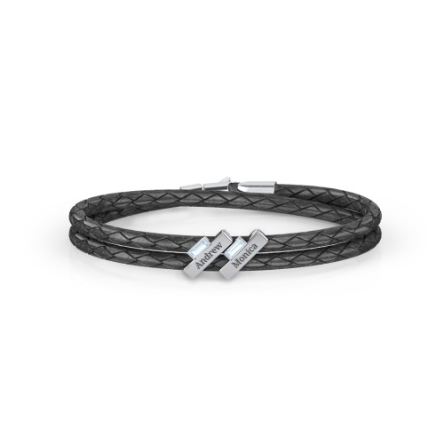 Engravable Sterling Silver Bar & Baguette Leather Bracelet - 2 – Sterling Silver with Aquamarine