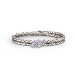 Engravable Sterling Silver Bar & Baguette Leather Bracelet - 2 in 925 Sterling Silver with Amethyst