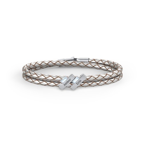 Engravable Sterling Silver Bar & Baguette Leather Bracelet - 2 – Sterling Silver with Aquamarine