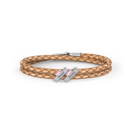 Engravable Sterling Silver Bar & Baguette Leather Bracelet - 2 in 925 Sterling Silver with Pink Tourmaline