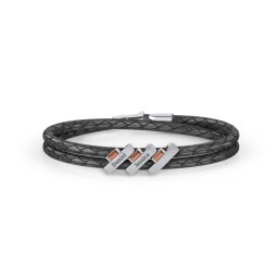 Engravable Sterling Silver Bar & Baguette Leather Bracelet - 3 in 925 Sterling Silver with Garnet