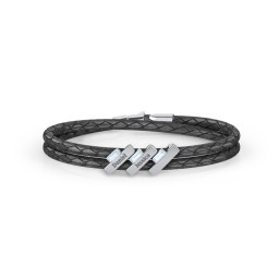 Engravable Sterling Silver Bar & Baguette Leather Bracelet - 3 in 925 Sterling Silver with Aquamarine