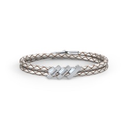 Engravable Sterling Silver Bar & Baguette Leather Bracelet - 3 in 925 Sterling Silver with Aquamarine