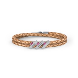 Engravable Sterling Silver Bar & Baguette Leather Bracelet - 3 in 925 Sterling Silver with Ruby