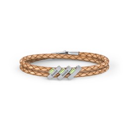 Engravable Sterling Silver Bar & Baguette Leather Bracelet - 3 in 925 Sterling Silver with Peridot