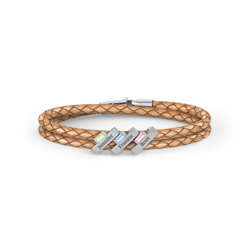 Engravable Sterling Silver Bar & Baguette Leather Bracelet - 3 – Sterling Silver with Peridot, Blue Topaz, and Pink Tourmaline