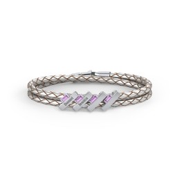Engravable Sterling Silver Bar & Baguette Leather Bracelet - 4 in 925 Sterling Silver with Amethyst