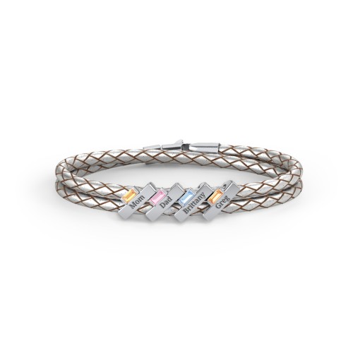 Engravable Sterling Silver Bar & Baguette Leather Bracelet - 4