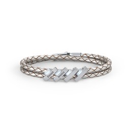 Engravable Sterling Silver Bar & Baguette Leather Bracelet - 4 in 925 Sterling Silver with Aquamarine