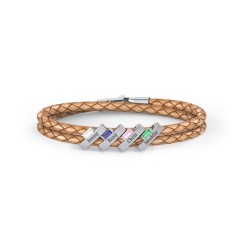 Engravable Sterling Silver Bar & Baguette Leather Bracelet - 4 – Sterling Silver with Cubic Zirconia, Blue Sapphire, Pink Tourmaline, and Emerald