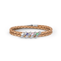 Engravable Sterling Silver Bar & Baguette Leather Bracelet - 4 in 925 Sterling Silver with Cubic Zirconia, Blue Sapphire, Pink Tourmaline, and Emerald