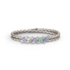 Engravable Sterling Silver Bar & Baguette Leather Bracelet - 5 – Sterling Silver with Amethyst, Peridot, Emerald, and Blue Sapphire