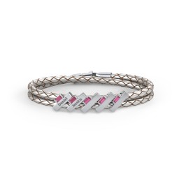 Engravable Sterling Silver Bar & Baguette Leather Bracelet - 5 in 925 Sterling Silver with Ruby