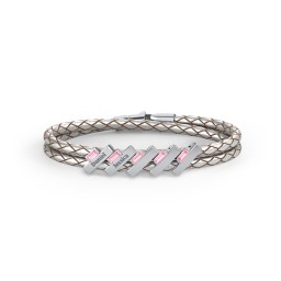 Engravable Sterling Silver Bar & Baguette Leather Bracelet - 5 in 925 Sterling Silver with Pink Tourmaline