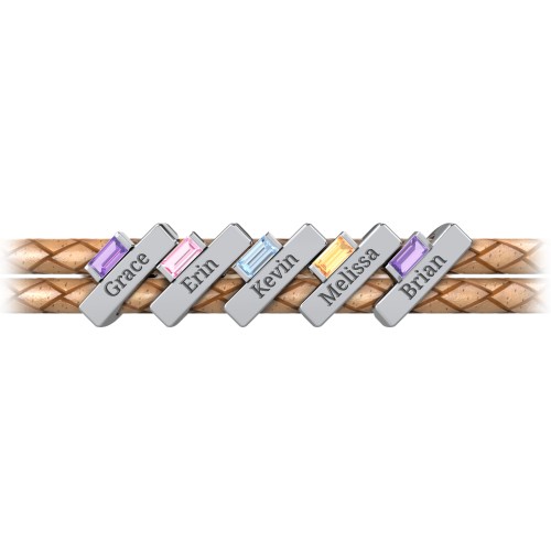 Engravable Sterling Silver Bar & Baguette Leather Bracelet - 5