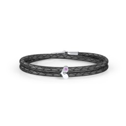 Engravable Sterling Silver Gemstone Heart Leather Bracelet in 925 Sterling Silver with Amethyst