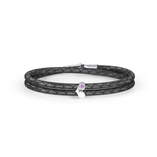 Engravable Sterling Silver Gemstone Heart Leather Bracelet – Sterling Silver with Amethyst