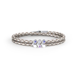 Engravable Sterling Silver Gemstone Heart Leather Bracelet - 3 in 925 Sterling Silver with Blue Sapphire, Amethyst, and Fancy Blue Premium Zirconia