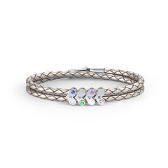 Engravable Sterling Silver Gemstone Heart Leather Bracelet - 4 – Sterling Silver with Pink Tourmaline, Amethyst, Emerald, and Blue Sapphire