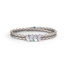 Engravable Sterling Silver Gemstone Heart Leather Bracelet - 4 in 925 Sterling Silver with Fancy Pink Premium Zirconia, Amethyst Premium Zirconia, Green Premium Zirconia, and Fancy Blue Premium Zirconia