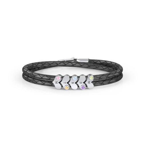 Engravable Sterling Silver Gemstone Heart Leather Bracelet - 5 – Sterling Silver with Peridot, Amethyst, Blue Topaz, Citrine, and Pink Tourmaline