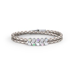 Engravable Sterling Silver Gemstone Heart Leather Bracelet - 5 in 925 Sterling Silver with Blue Topaz, Fancy Pink Premium Zirconia, Amethyst Premium Zirconia, Green Premium Zirconia, and Fancy Yellow Premium Zirconia