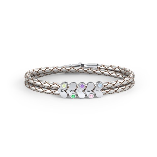 Engravable Sterling Silver Gemstone Heart Leather Bracelet - 5 – Sterling Silver with Blue Topaz, Pink Tourmaline, Amethyst, Emerald, and Peridot