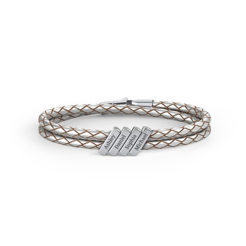 Engravable Sterling Silver Bar Leather Bracelet - 4