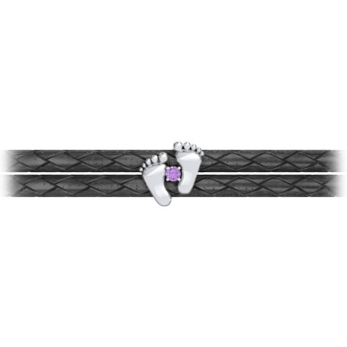 Sterling Silver Baby Feet Leather Bracelet With Birthstone – Sterling Silver with Amethyst