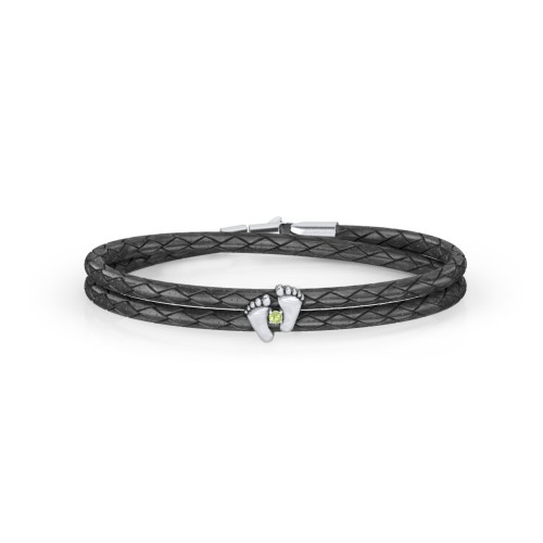 Sterling Silver Baby Feet Leather Bracelet With Birthstone