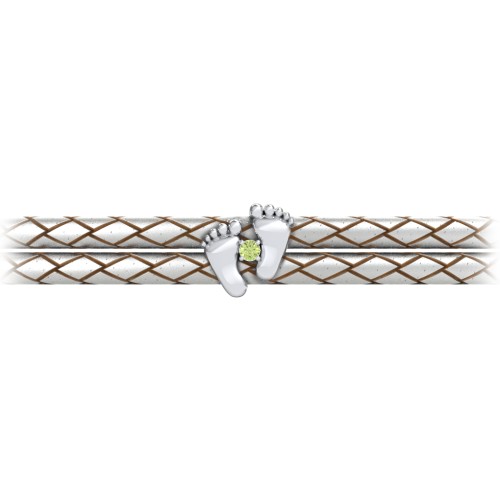Sterling Silver Baby Feet Leather Bracelet With Birthstone