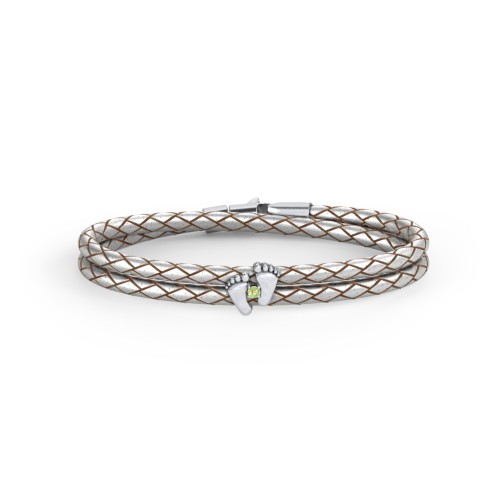 Sterling Silver Baby Feet Leather Bracelet With Birthstone