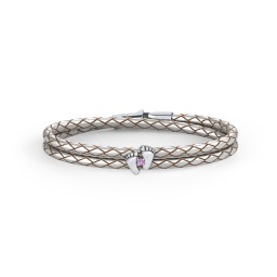 Sterling Silver Baby Feet Leather Bracelet With Birthstone in 925 Sterling Silver with Amethyst